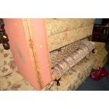 A EDWARDIAN MAHOGANY DUET FOOTSTOOL, a low wicker blanket chest and another stool (3)