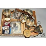 A SMALL BOX OF JEWELLERY AND NOVELTIES to include a small EPNS trophy, four tankards, mainly pewter,