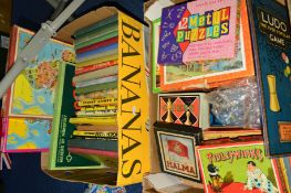 TWO BOXES OF BOARD GAMES, JIGSAWS, CHILDRENS BOOKS, etc to include Waddington 'Keyword', Chad Valley