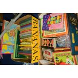 TWO BOXES OF BOARD GAMES, JIGSAWS, CHILDRENS BOOKS, etc to include Waddington 'Keyword', Chad Valley