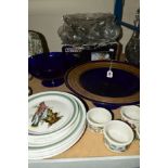 A SMALL GROUP OF CERAMICS AND GLASS, to include two blue glass footed bowls, a boxed Romance punch