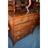 A GEORGIAN MAHOGANY CHEST of two short and three long drawers on splayed bracket feet, width 102cm x