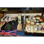 FOUR BOXES AND LOOSE SUNDRY ITEMS, to include commemorative mugs, two Elna sewing machines,