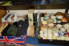 FOUR BOXES AND LOOSE SUNDRY ITEMS, to include commemorative mugs, two Elna sewing machines,