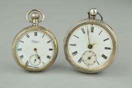 TWO EARLY 20TH CENTURY SILVER OPEN FACED POCKET WATCHES, both with Roman numerals and subsidiary
