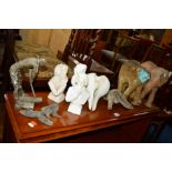 A COLLECTION OF VARIOUS MOULDED FIGURES, to include three busts, two elephants etc and a plaster