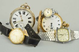 TWO POCKET WATCHES AND THREE WRISTWATCHES to include a gold plated Cyma pocket watch, a silver