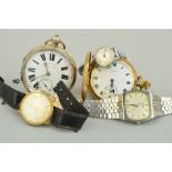 TWO POCKET WATCHES AND THREE WRISTWATCHES to include a gold plated Cyma pocket watch, a silver