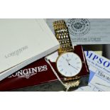 A GOLD PLATED LONGINES LA GRANDE GENTS WRISTWATCH, case number 33541805, warranty card, booklet,