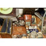 TWO BOXES METALWARE, SUNDRIES, CLOTHING ETC, to include a Smiths barometer