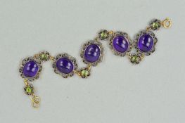 A MODERN AMETHYST AND PERIDOT FILIGREE PANEL BRACELET, measuring approximately 180mm in length,