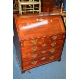 A LATE 19TH/EARLY 20TH CENTURY GEORGE III STYLE MAHOGANY AND SATINWOOD BANDED FALL FRONT BUREAU,