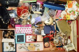 A BOX OF COSTUME JEWELLERY, compacts, earrings, silver locket, etc
