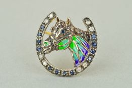 A HORSE AND HORSESHOE BROOCH designed as a horses head with plique-a-jour enamel to the neck and