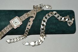 A SILVER BRACELET AND WATCH COLLECTION to include a modern lady's watch square mother of pearl