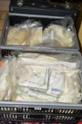 TWO BOXES OF LINEN AND LACE NAPKINS etc to also include three small vintage suitcases and a ladies