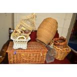 A COLLECTION OF WICKER BASKETS and two bird cages (7)