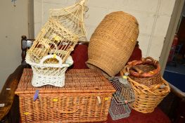 A COLLECTION OF WICKER BASKETS and two bird cages (7)