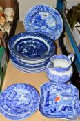 A GROUP OF 19TH AND 20TH CENTURY BLUE AND WHITE PRINTED POTTERY, including pearlware, a soup plate