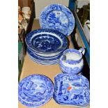 A GROUP OF 19TH AND 20TH CENTURY BLUE AND WHITE PRINTED POTTERY, including pearlware, a soup plate