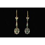 A PAIR OF REPRODUCTION EMERALD AND DIAMOND DROP EARRINGS designed as an emerald and diamond floral