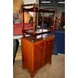 A BURR WALNUT TWO DOOR TV CABINET, together with a mahogany tea trolley and a modern green