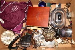 A BOX OF SILVER AND SILVER PLATE, etc including a 19th century plated stilton scoop with push action