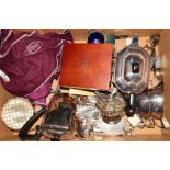 A BOX OF SILVER AND SILVER PLATE, etc including a 19th century plated stilton scoop with push action