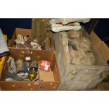 A VINTAGE WOODEN CRATE AND TWO BOXES containing mouldings forms, etc, incomplete and containing