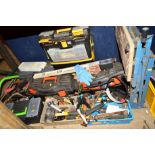 A COLLECTION OF TOOL BOXES PLUS LOOSE containing various hand tools, ie hammers, chisels, screw
