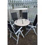 A CIRCULAR PLASTIC GARDEN TABLE with tile top design, another similar table, together with four