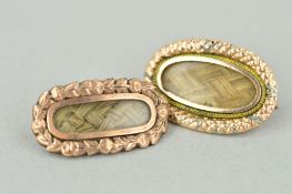 TWO MID VICTORIAN MEMORIAL BROOCHES, both of elongated outline with central glazed woven hair panel,