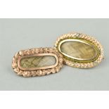TWO MID VICTORIAN MEMORIAL BROOCHES, both of elongated outline with central glazed woven hair panel,