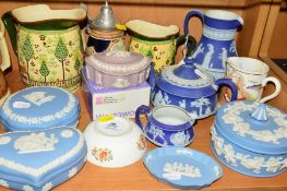 VARIOUS TRINKETS, BEER STEIN, etc, to include two graduating Royal Doulton 'Sampler' jugs D3749,