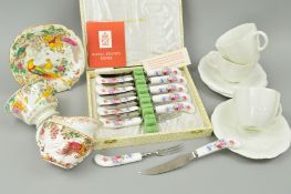 A SMALL GROUP OF ROYAL CROWN DERBY to include boxed set 'Derby Posies' pistol handled knives and