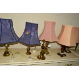 A PAIR OF MARBLE TABLE LAMPS and four brass table lamps, all with shades (6)