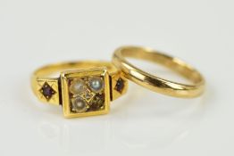 TWO RINGS, the first a late Victorian gold ring designed as a central square panel set with split