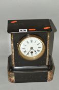 A VICTORIAN SLATE MANTEL CLOCK, brass band white enamel dial, marble detail to front corners and