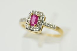 A 9CT RUBY AND DIAMOND CLUSTER RING, designed as a central rectangular ruby within a single cut