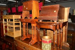 A YEW WOOD NEST OF FOUR TABLES, an oak lidded chest, a mahogany nest of three tables, Victorian