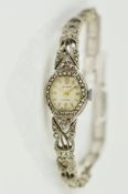 A LADIES ACCURIST MARCASITE SET WATCH, marcasite set to the case and bracelet, fitted to a