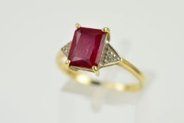 A 9CT SYNTHETIC RUBY AND DIAMOND RING, designed as a rectangular synthetic ruby with triangular