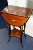 AN EDWARDIAN MAHOGANY AND SATINWOOD BANDED DOUBLE FOLD OVER SEWING TABLE, the double fold over top