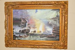 A MARITIME NAVAL BATTLE AT SEA, unsigned oil on canvas set into an ornate gilt frame, decorated with