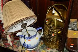 TWO BRASS COAL BUCKETS, a Spode blue and white jug, etc (5)
