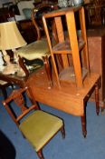 A VICTORIAN SATINWOOD PEMBROKE TABLE, three various period chairs and an oak three tier stand (5)
