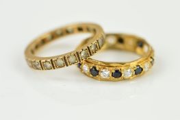 TWO ETERNITY RINGS, the first set with colourless circular pastes, stamped 9ct, ring size P, the