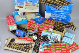 A QUANTITY OF BOXED AND UNBOXED PLAYMOBIL AND LGB G SCALE TRACK AND ACCESSORIES, straight and curved