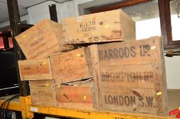 A VINTAGE WOODEN CRATE reading Harrods Ltd, Brompton Road, London, together with six various