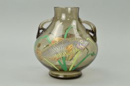 GRAF HARRACH-HARRACHOV (?), twin handled glass vase with applied relief moulded fish, unmarked,